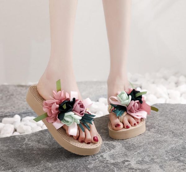 

flower beach shoes ladies' slippers luxury slides rubber flip flops low on a wedge sabot designer hawaiian scandals pu cotton fa, Black