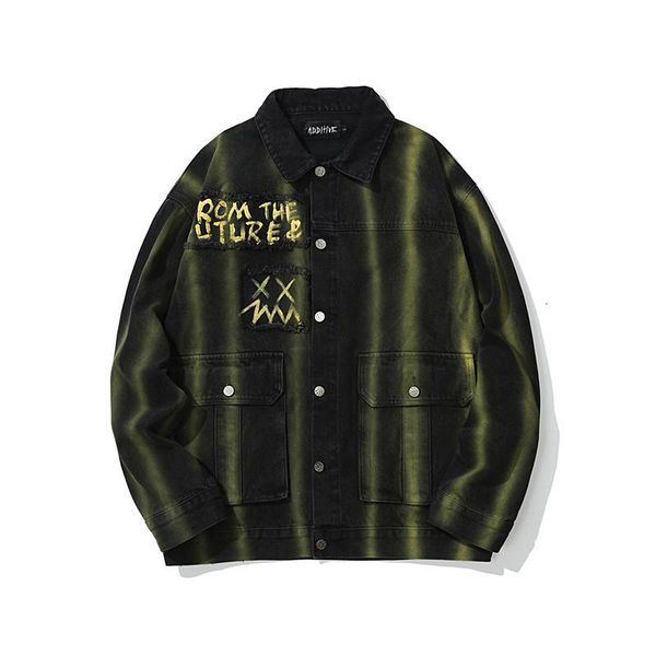 

men's jackets tie dye striped lapel autumn mens jeans jacket harajuku oversize washed retro frayed casual denim coat streetwear lnu6, Black;brown
