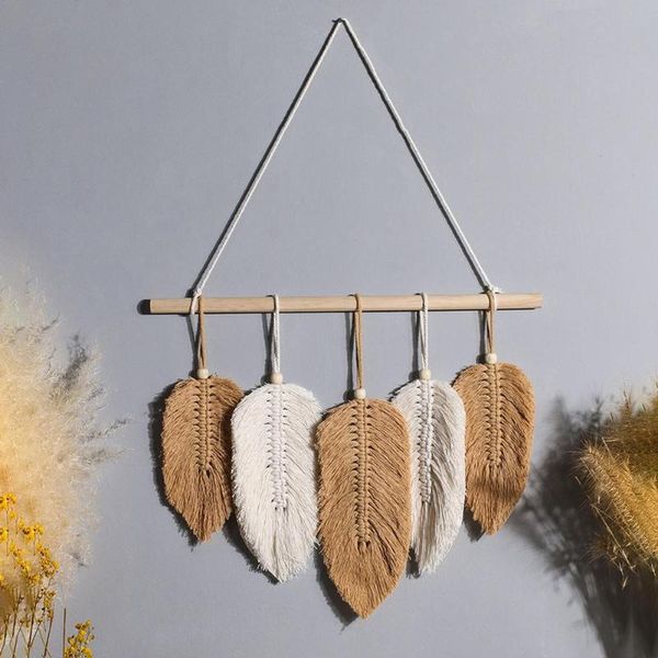 

decorative objects & figurines macrame wall hanging handmade feather cotton woven leaves boho feathers leaf decoration with tassels