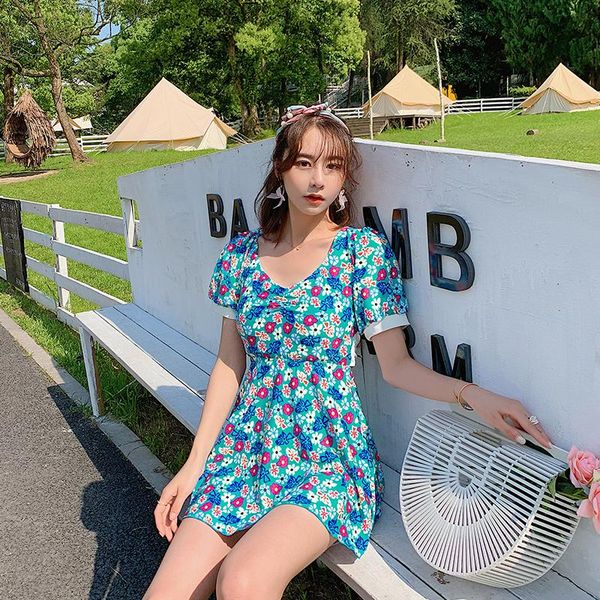 

one-piece suits floral print short sleeve swmdress open back swimsuit push up swimwear pad boyshort bandage one piece bathing suit