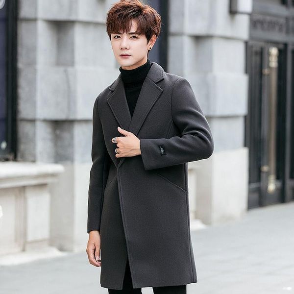 

men's wool & blends 2021 spring and autumn thin windbreaker jacket mid-length woolen coat slim, Black