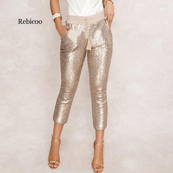 

women's pants & capris fashion sequin pencil solid black/gold women drawstring waist bling party nightclub calf-length trousers, Black;white