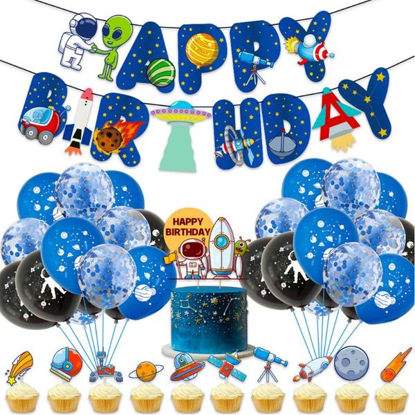 

party decoration fenkicyen space theme latex balloons birthday banner kit with cake ers & ribbon kids decor toys