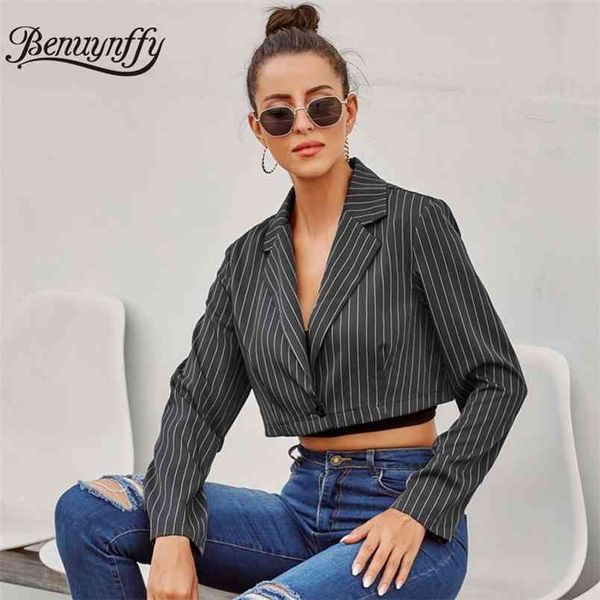 

fashion single button striped blazer women spring autumn notched long sleeve crop jacket female outwear blazers 210510, White;black