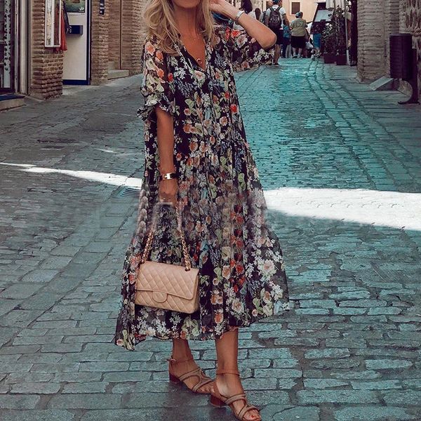 

2021aliexpress wish independent station new summer printing hedging short-sleeved dress, White;black