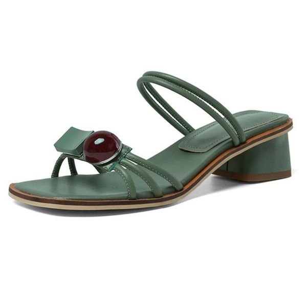 

genuine leather 4cm med heels women's slippers concise shallow girl's sandals summer casual office lady shoes woman, Black