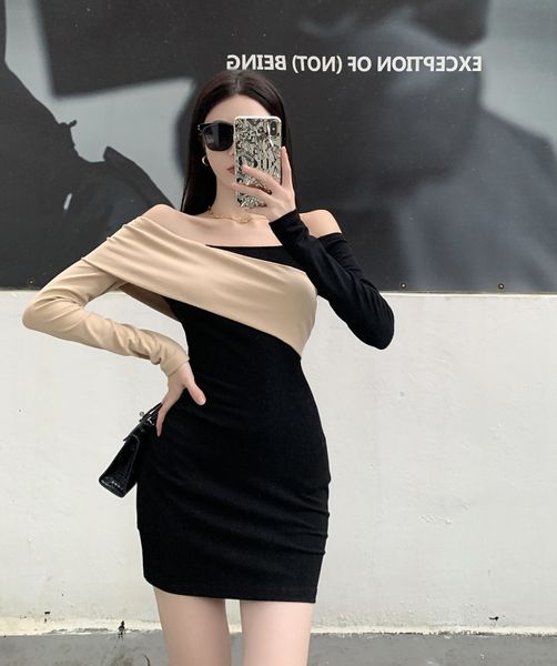

dress women's design sense niche stitching off shoulder elastic hip wrap short skirt long sleeve in autumn 2021, Black;gray
