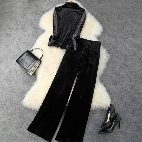 

shorts runway clothing autumn winter suit women crystal beading long sleeve +full length velt pant sets, White;black