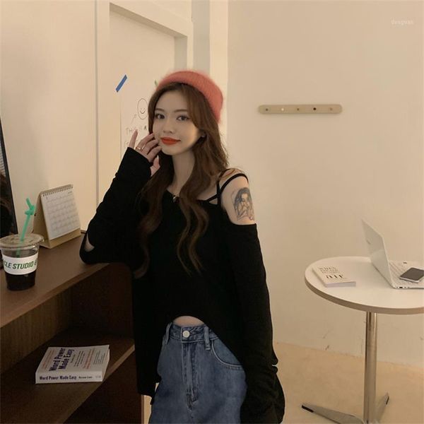 

women's t-shirt women t shirt irregular strapless round loose long sleeve base 3 colors fashion, White