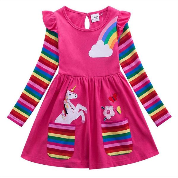 

girl long autumn spring dresses cartoon casual cotton embroidered girls sleeve unicorn 81035, Red;yellow