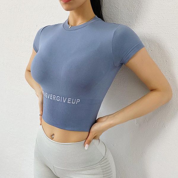

yoga outfit solid color sport shirt women short sleeve elastic tight t-shirts running fitness crop breathable gym