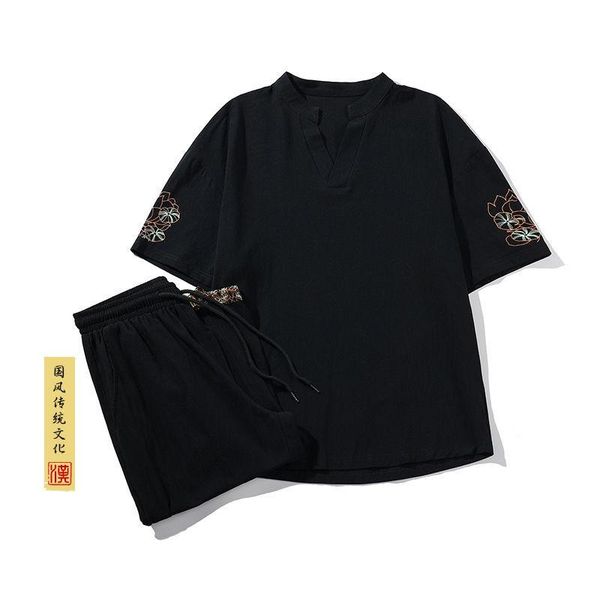 

mrgb summer man suit 2021 chinese style men'st-shirts cotton embroidery short sleeve loose oversized men shorts men's tracksuits, Gray