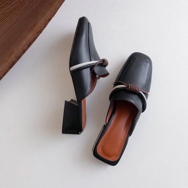 

summer women sandals round toe woman high heels shoes square heeled slides genuine leather, Black