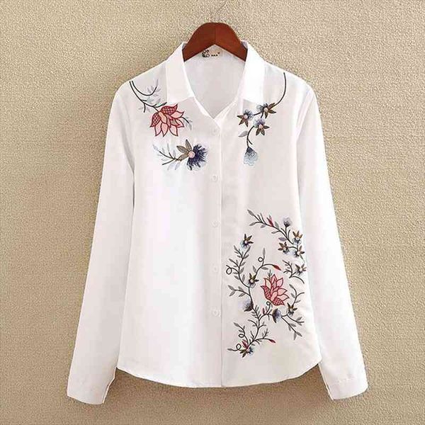

cotton plus size feather embroidery white long blouse women long sleeve art loose ladies office work button down shirts