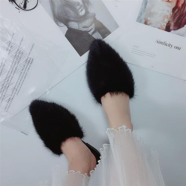 

womens black fur slippers shoes flat pointed toe mules outside k40