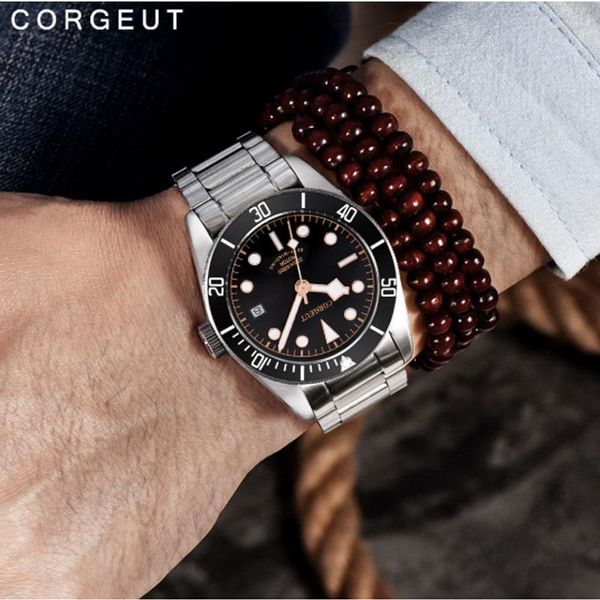 

wristwatches corgeut schwarz bay men automatic mechanical watch military sport swim clock leather wrist watches, Slivery;brown