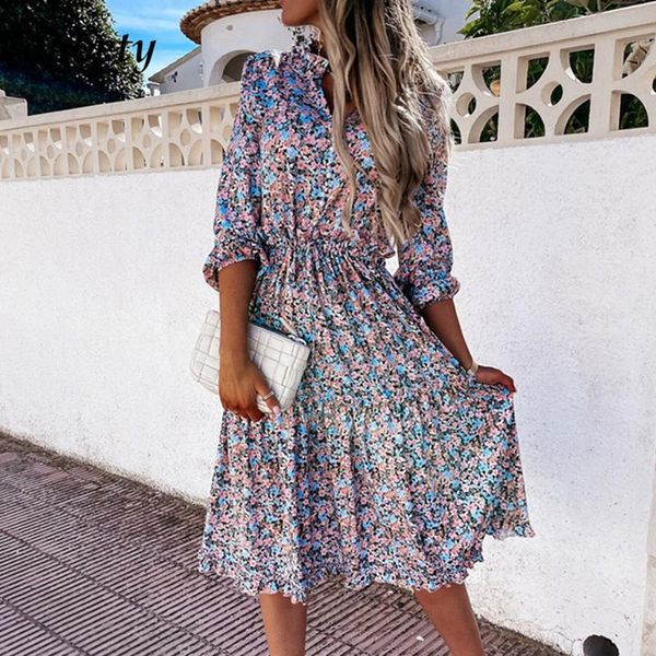 

casual dresses vintage floral print women's elegant v-neck high-waist lace-up dress with ruffles summer long-sleeved, Black;gray