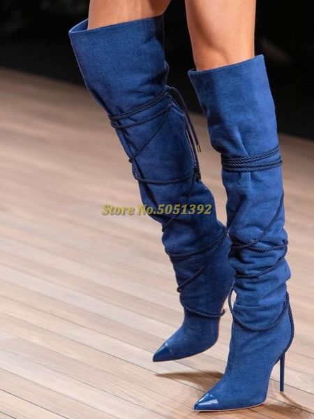 

boots suede blue over the knee high heels pointed toe lace up dress runway strap tied solid long, Black