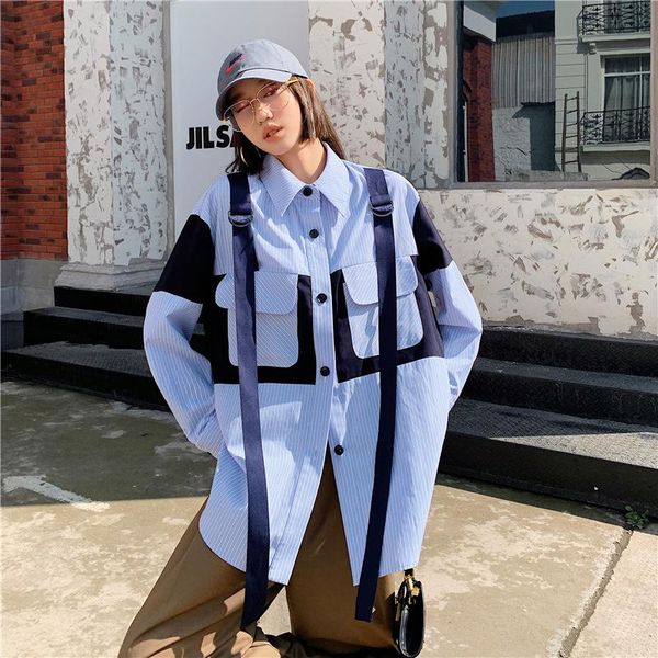 

women's jackets 2021 spring and summer england tooling wind blue stripe shirt loose neutral strap lining jacket, Black;brown