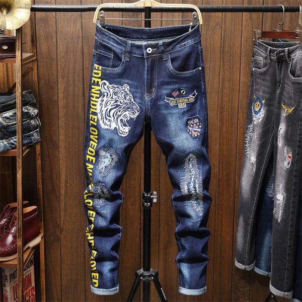 

men's motorcycle printed tight jeans, casual sports , fashion, blue