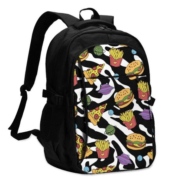 

backpack usb charge pizza hamburger and french fries on 80s 90s zebra letters school bag teenager girls
