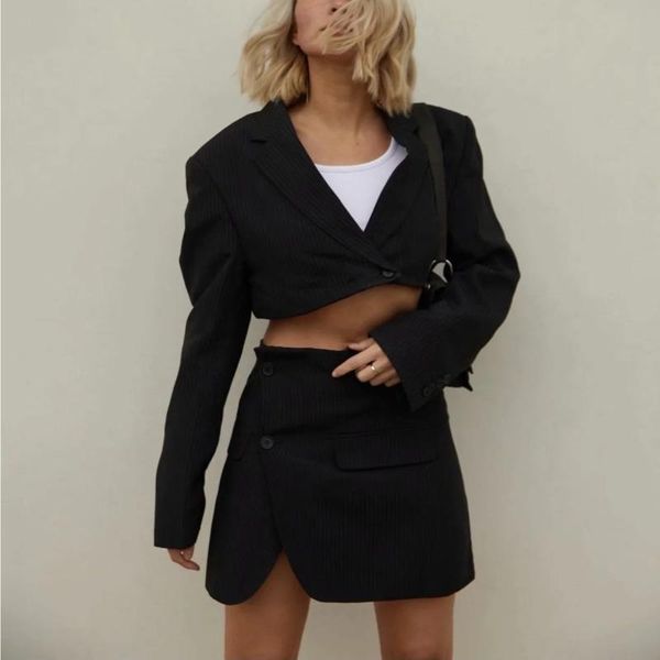 

two piece dress single button short jacket clothes highwaisted capri irregular cross cut mini skirt women longsleev suit vintage, White