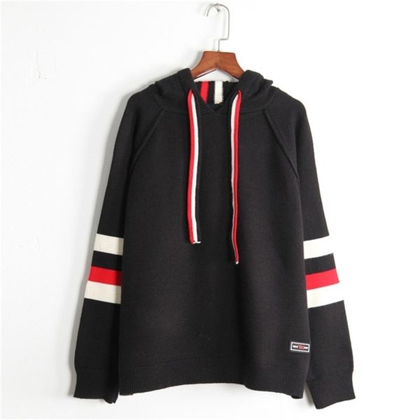 

women loose hooded sweater and pullovers long sleeve colorful striped knit jumpers casual knitwear korean winter sweaters 210430, White;black