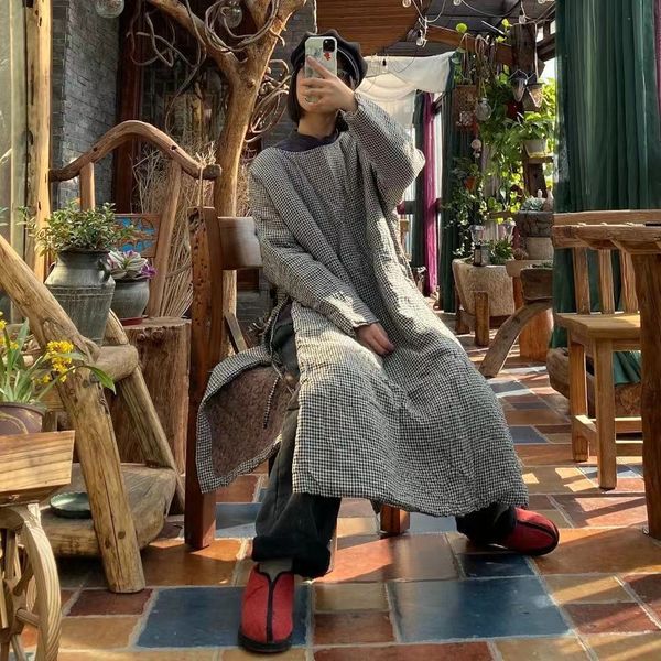 

johnature women warm linen o-neck plaid parkas long robes spring loose women vintage high split retro 210521, Black