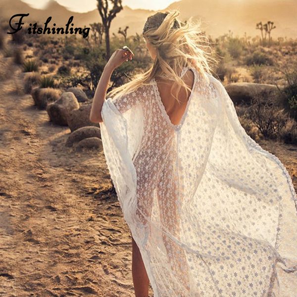 

fitshinling big size lace long dress swimwear baless transparent white beach maxi dresses women robe boho summer pareos