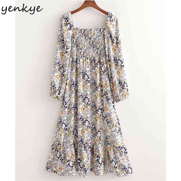 

spring women vintage prairie chic floral print dress female square neck long sleeve robe femme a-line midi casual dresses 210514, Black;gray