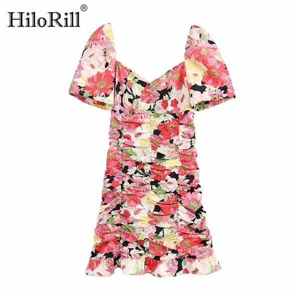 

women chic bodycon mini dresses vintage floral print ruffle party puff short sleeve summer boho sundress 210508, Black;gray