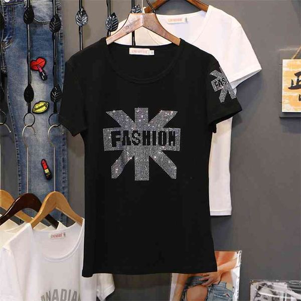 

summer personality diamonds t-shirt ladies comfortable fashion loose drilling black o-neck short sleeve women 210708, White