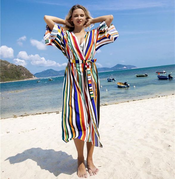 

rainbow striped bikini cover-ups long sleeve boho summer beach dress plus size beachwear swimsuit cover up women's swimwear, White;black