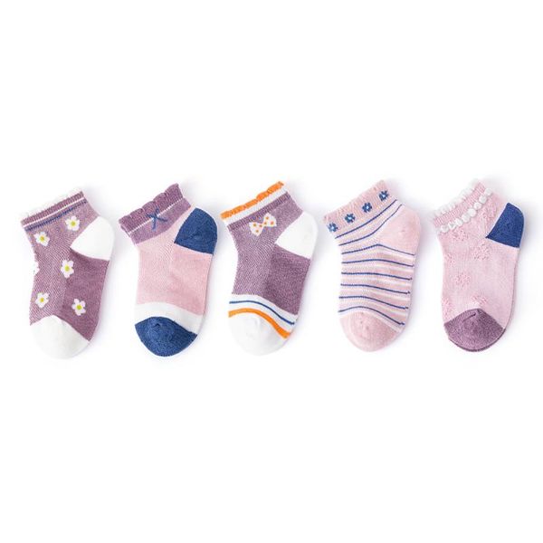 

toddler boys girls socks cozy breathable children's summer non-slip short flower print sock for baby 5 pair, Pink;yellow