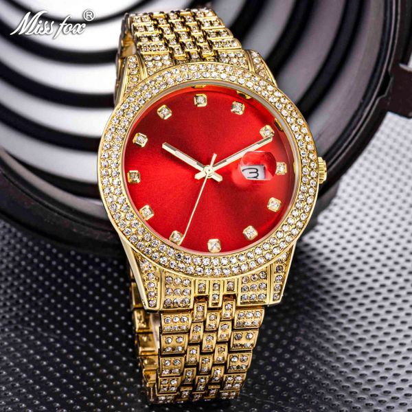 

missfox red dial iced out watch diamond gold men watches brand luxury stainless steel datejust quartz clock dropshipping, Slivery;brown