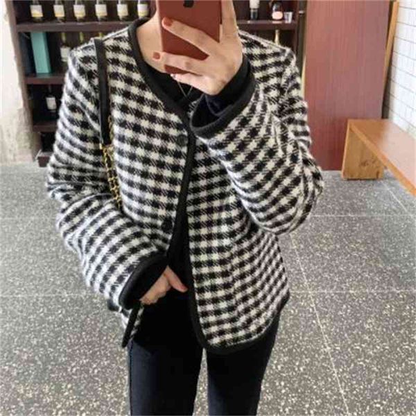 

genayooa office ladies winter coats and jackets long sleeve slim jacket for women elegant plaid wool coat female korea 210417, Black;brown