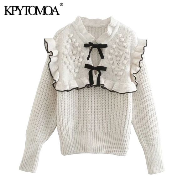 

women fashion with bow tie patchwork knitted sweater vintage long sleeve ruffle trims female pullovers chic 210420, White;black