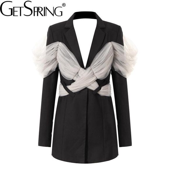 

women's suits & blazers getspring women blazer dot mesh stitching suit backless long sleeve ladies black coat slim jacket, White;black