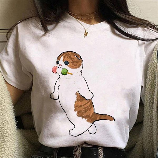 

cute cat print simple womens t shirt comfortable fashion summer white ladies tee