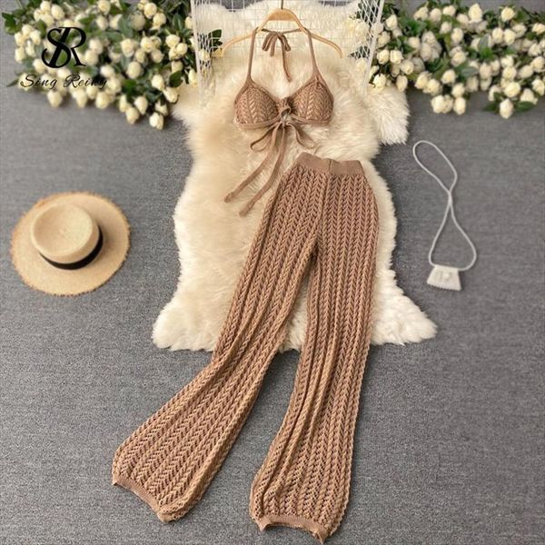 

singreiny summer design knitted womenpant set backless halter short chic hollow wide leg long pants two piece suit, White