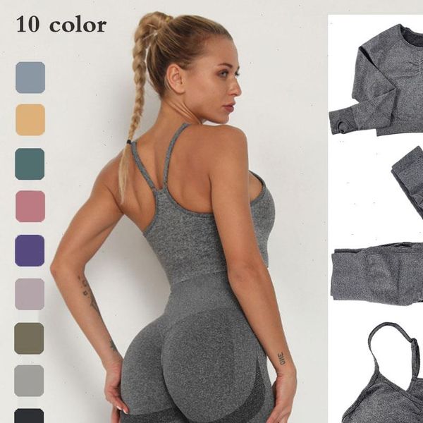 

seamless fitness suit gym women tracksuits set long sleeve leggings sets sport outfit for woman tracksuit workout clothes sports, Gray
