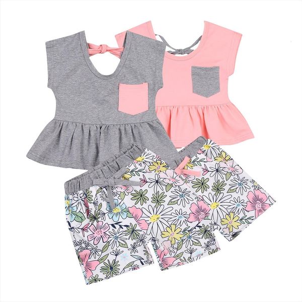 

0 3y infant baby girls clothes sets sleeveless pocket backless t shirts flowers printed elastic shorts, White