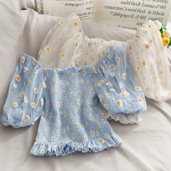 

blouse women off shoulder chiffon flarol printed s summer crop for 210518, White