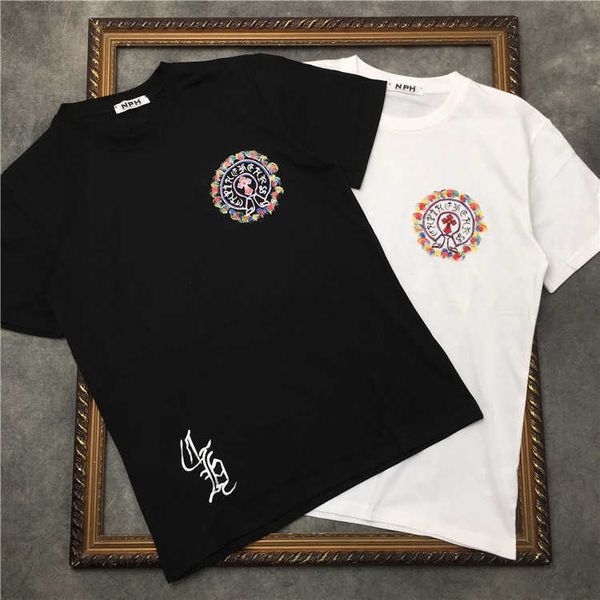 

summer trend back new net flower red letter cross print t-shirt men's and women's cotton short sleeve tee, White;black