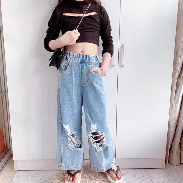 

3-10 years old girl jeans 2021 summer holed pants middle school girls flared, Blue