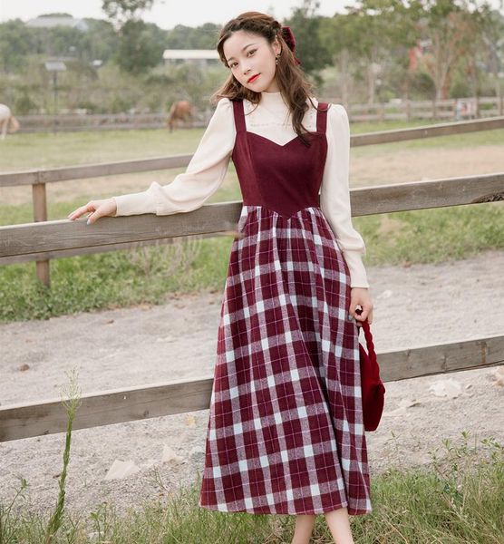 

casual dresses 2021 autumn and winter women's retro high waist bottomed suspender skirt with check closing suit dress two-piece set, Black;gray
