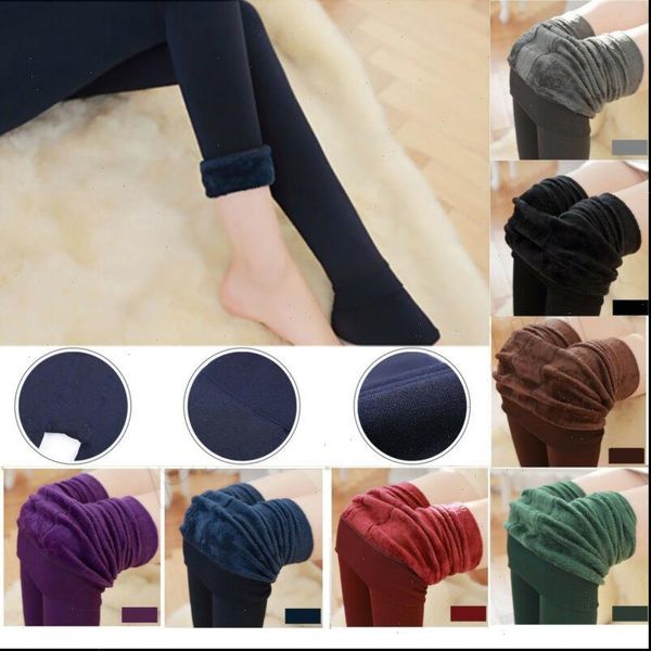 

solid long thick trouser women legging winter thermal fleece skinny buttom pants leg stretch warmer leggings, Black