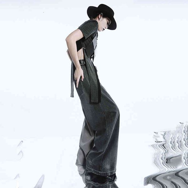 

women's pants & capris [eam] high waist gray contrast color wide leg denim trousers loose fit women fashion spring autumn 2022 1de1499, Black;white
