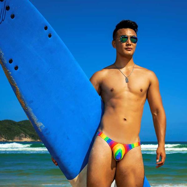 

bright rainbow prited swimsuits gay bikini swim briefs tight low waist men swimwear trunks bathing suits men's