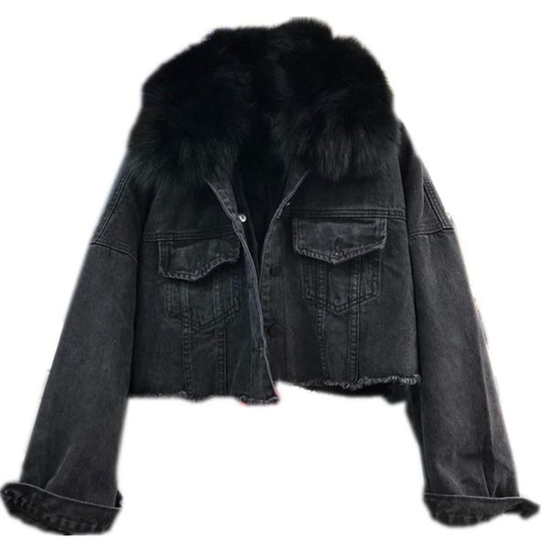 

women's fur & faux thick warm collar short denim jacket women thickened liner winter female coat single breasted batwing sleeve, Black